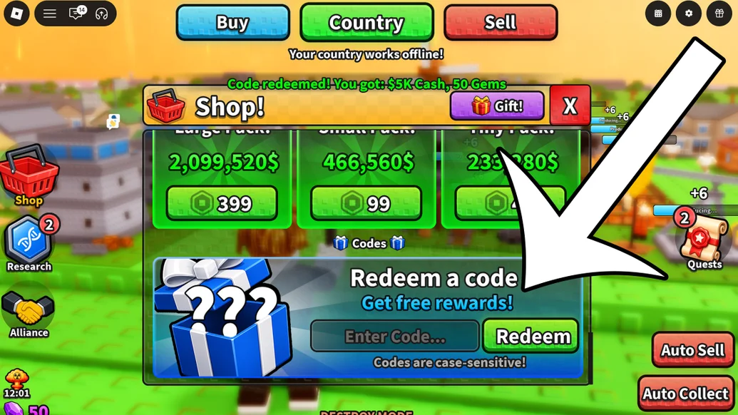 Mini War codes menu interface