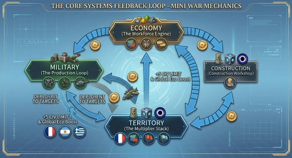 Mini War core systems feedback loop diagram